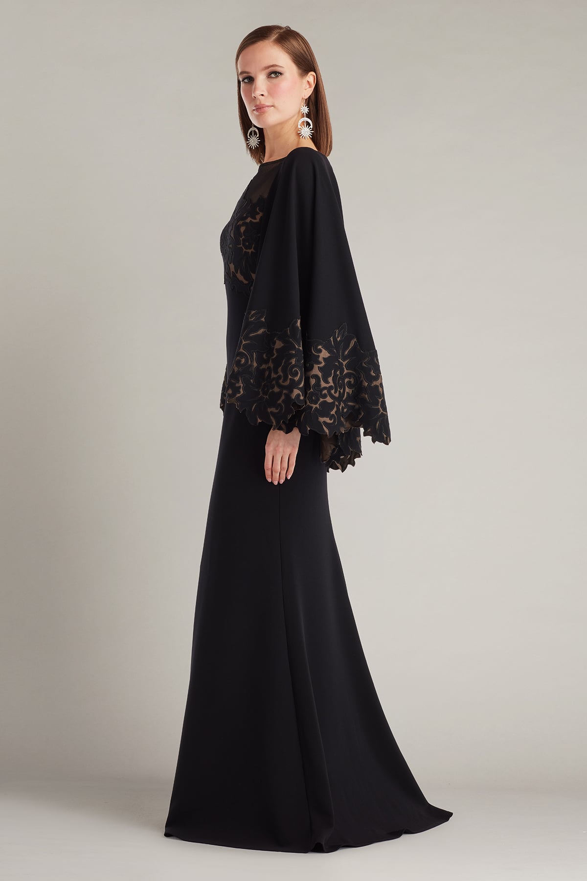 Delgado Laser-Cut Capelet Gown