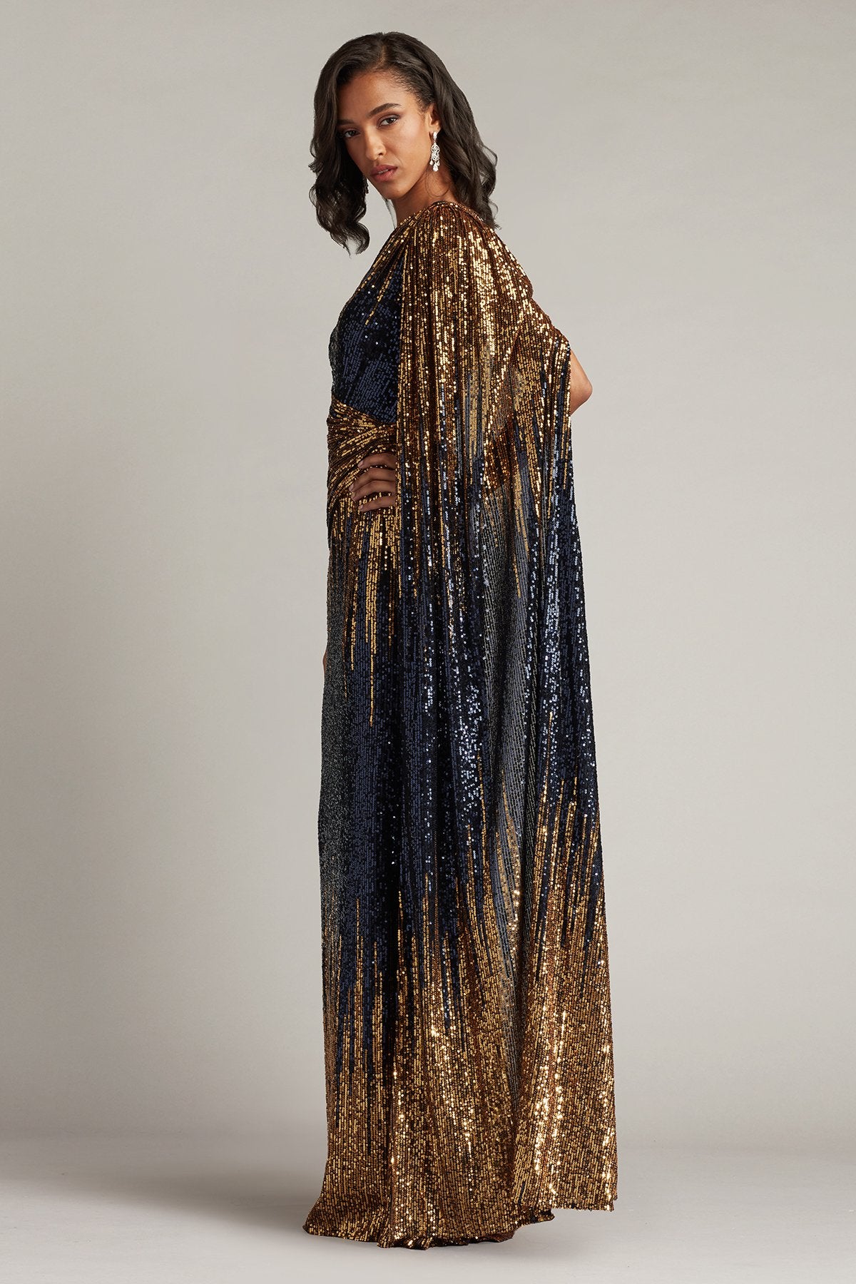 gold dress next day delivery Lara Cape Sleeve V-Neck Beaded Evening Gown 29356 main image 0