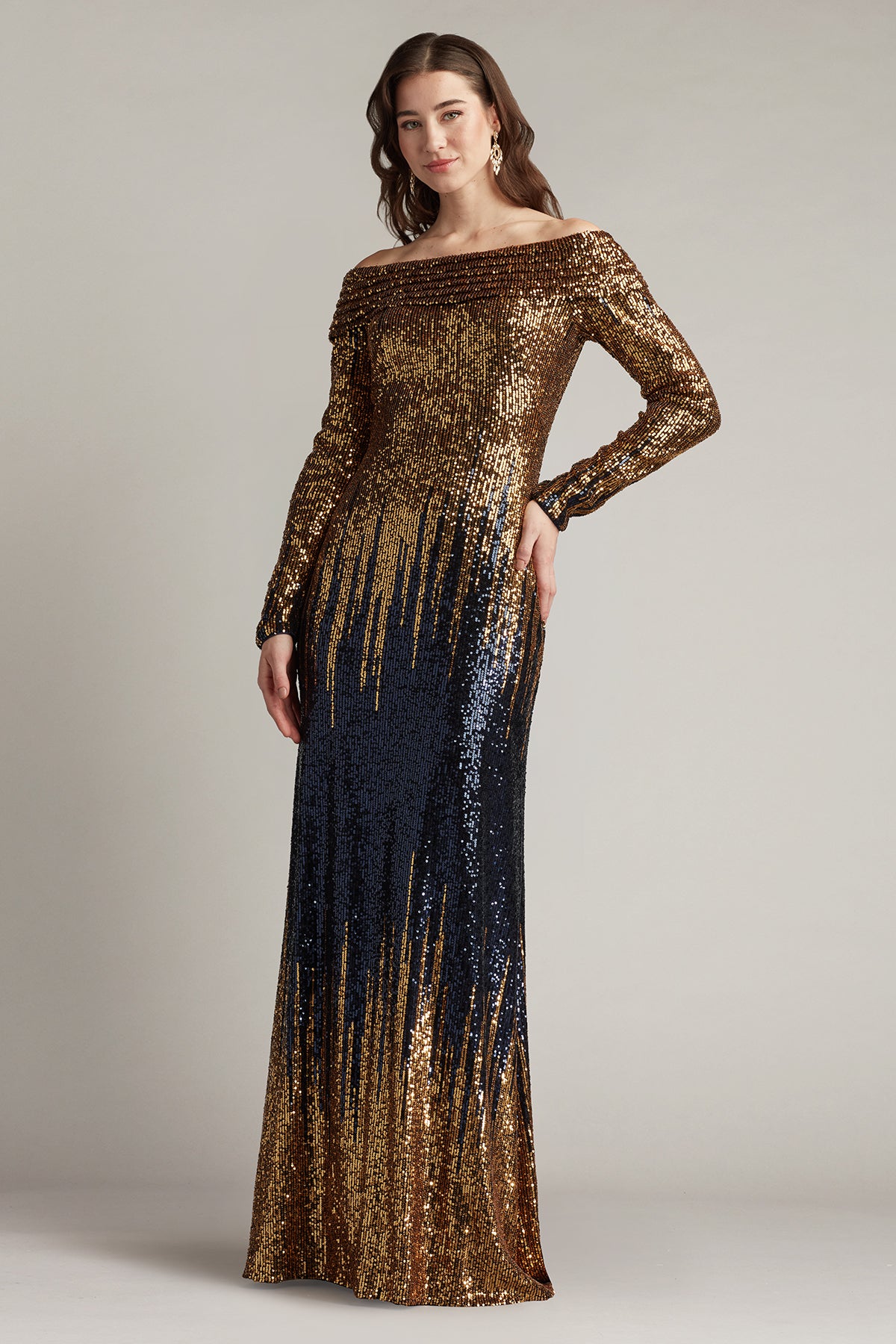 tadashi shoji gold dress Vionne Off-Shoulder Sequin Gown – Official Online Boutique US Sizes:6.5 Women's Dry clean only Japandi Elegant Lavender Maxi Dress