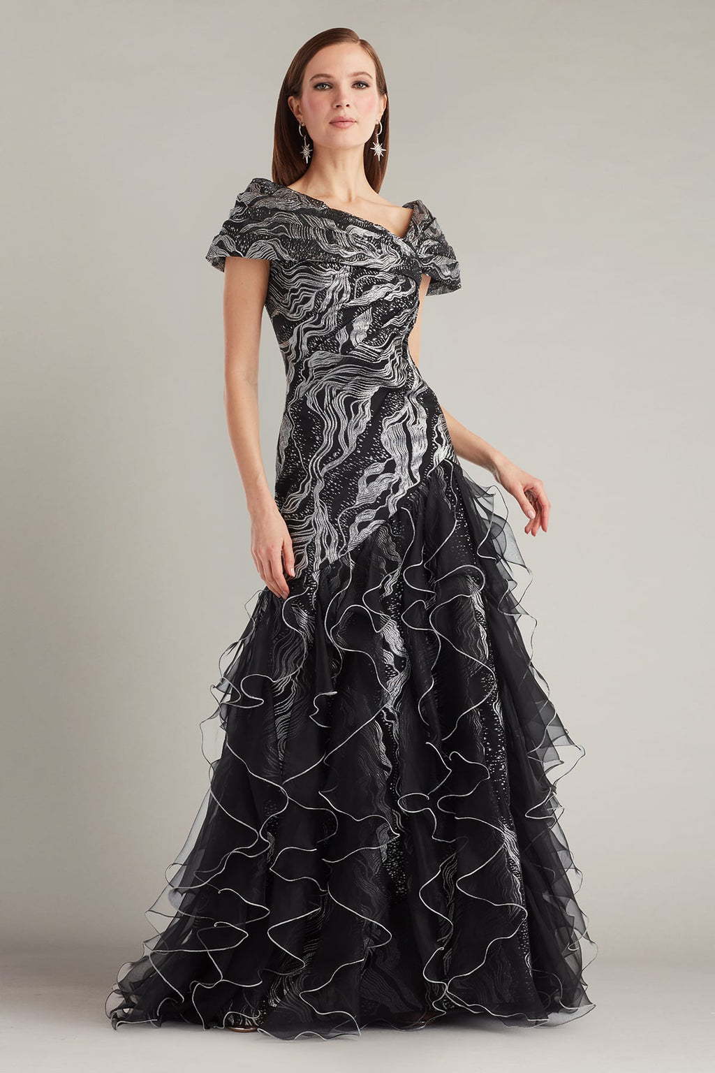 Cosmina Stardust Motif Ruffle Gown