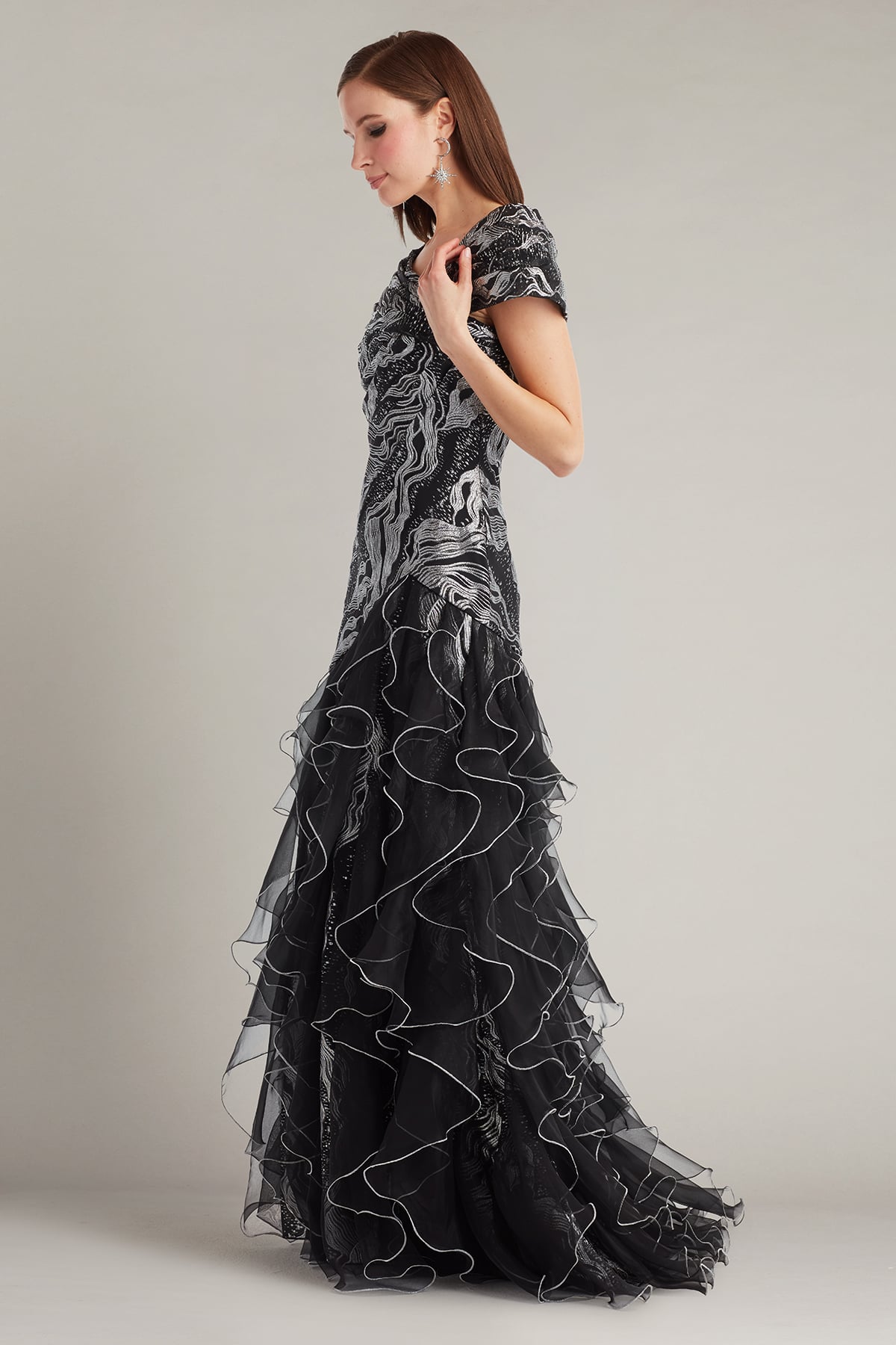 Cosmina Stardust Motif Ruffle Gown