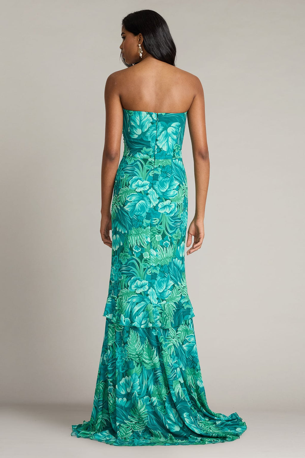 Cleta Foliage Print Cascading Ruffle Gown