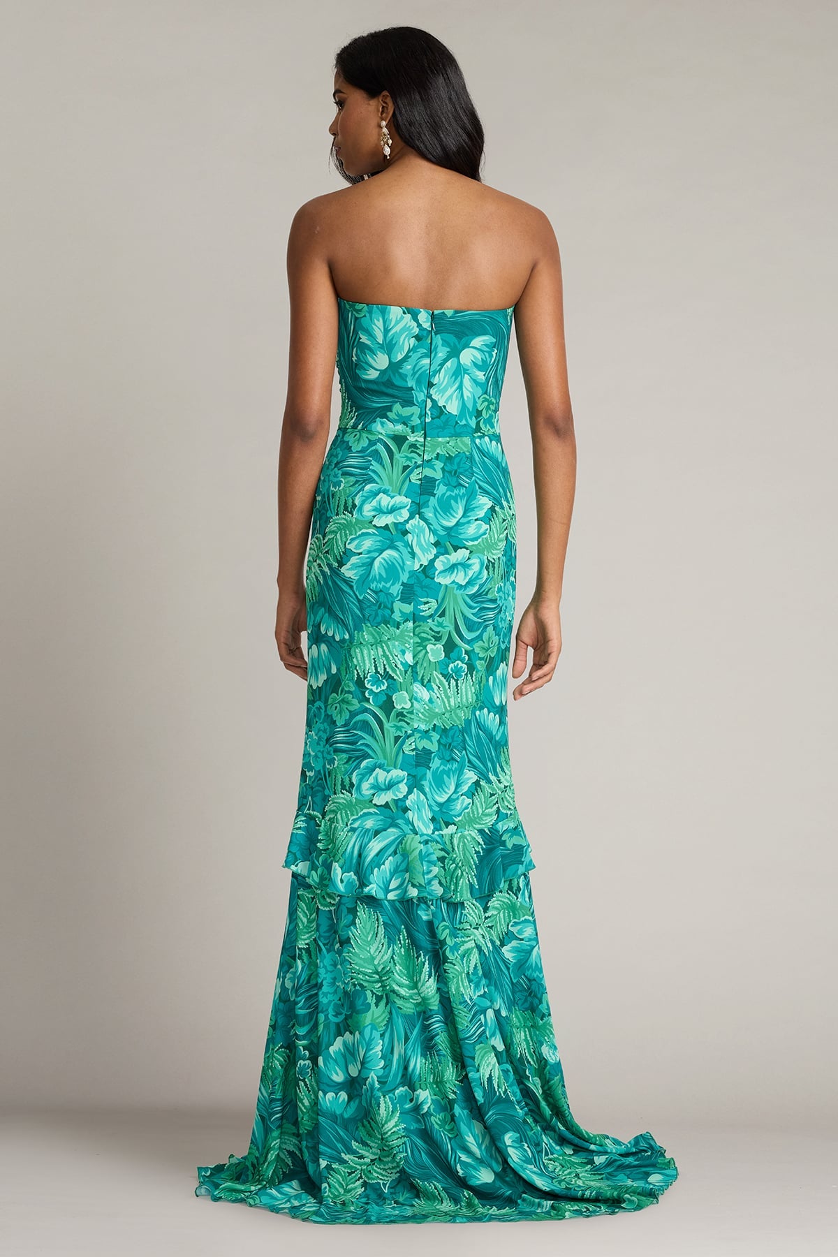 Cleta Foliage Print Cascading Ruffle Gown