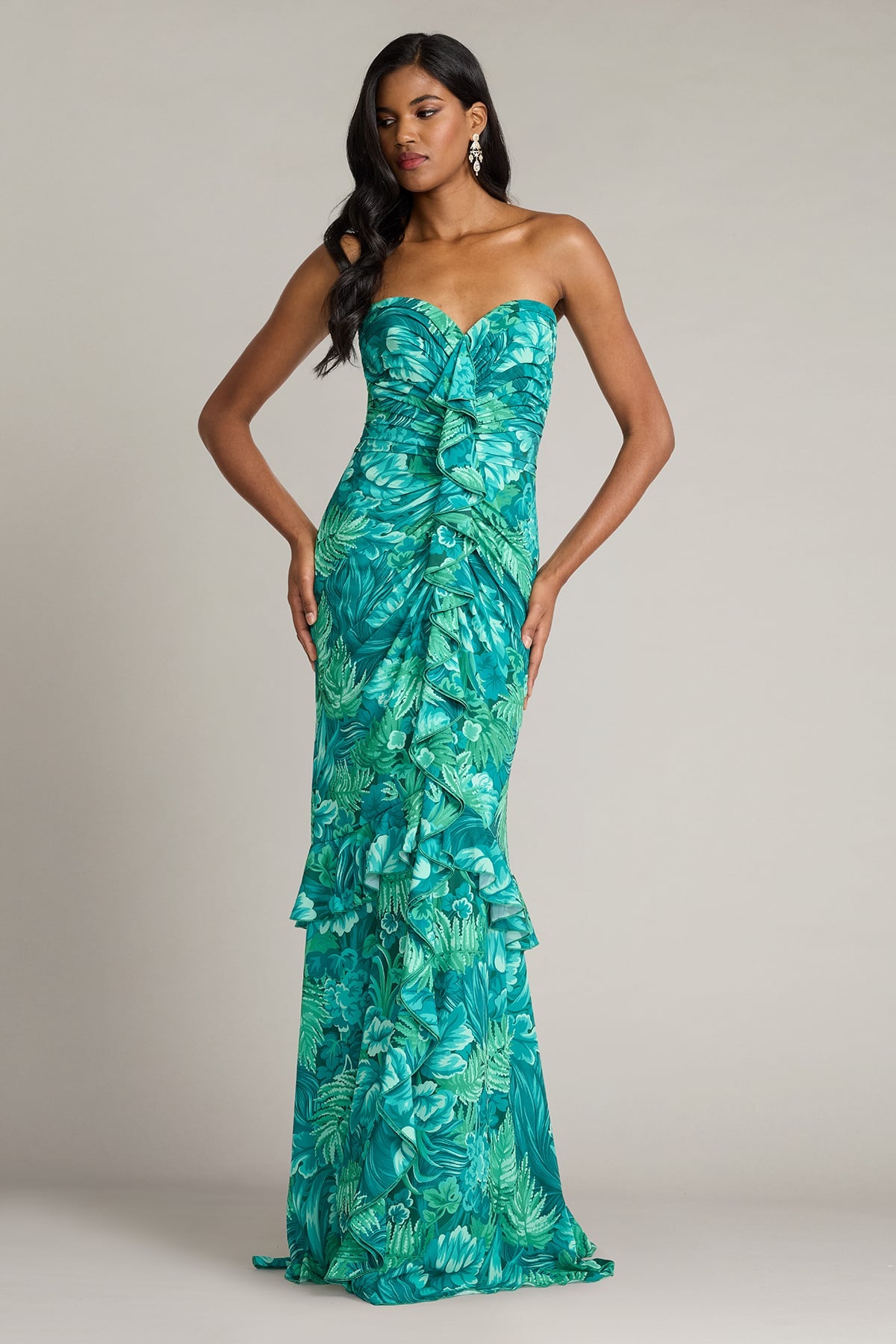 Cleta Foliage Print Cascading Ruffle Gown – Tadashi Shoji Official Online Boutique
