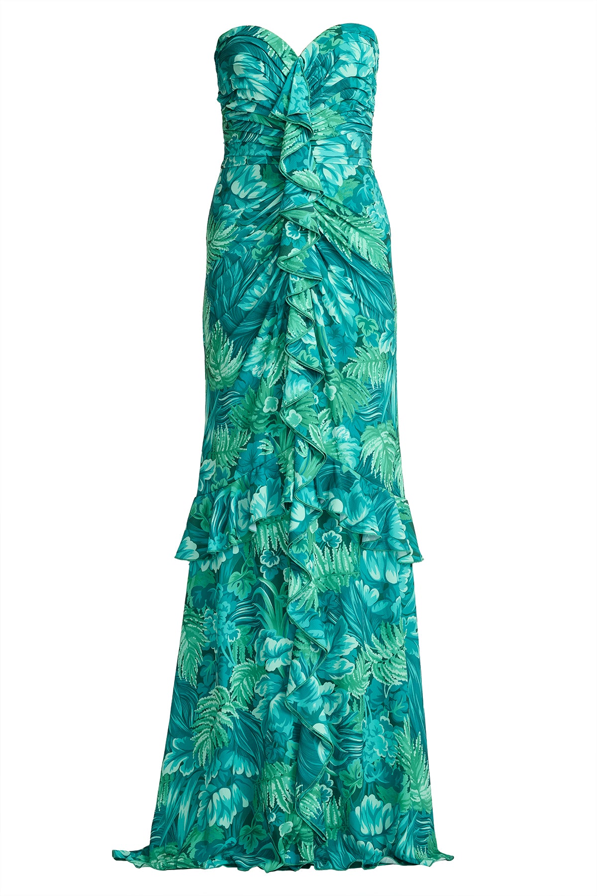 Cleta Foliage Print Cascading Ruffle Gown