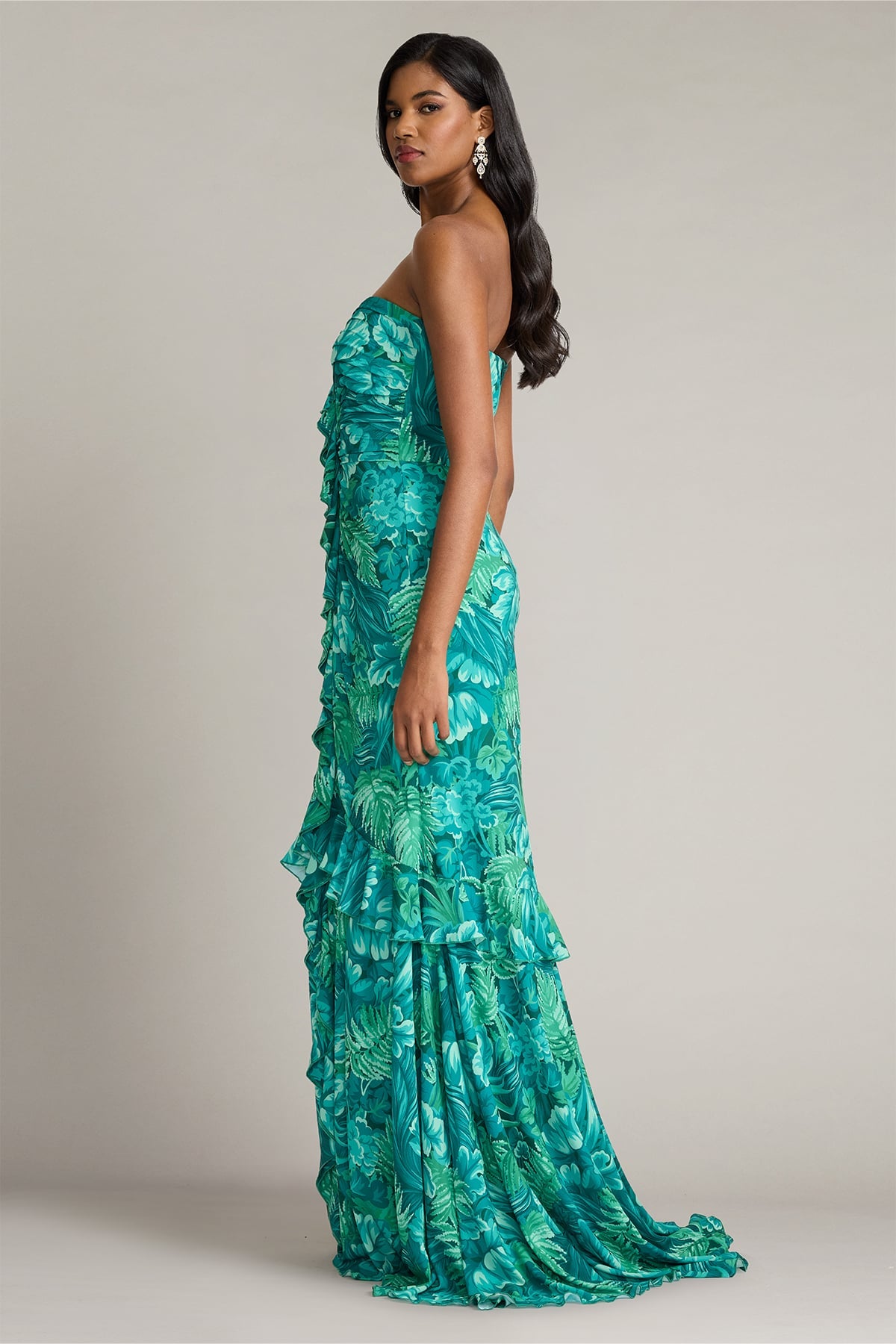 Cleta Foliage Print Cascading Ruffle Gown