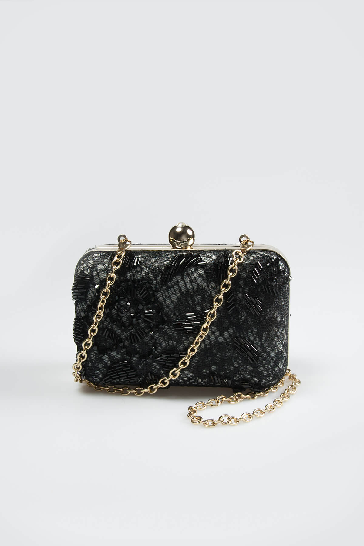 Beaded Lace Box Clutch in Black / Marble