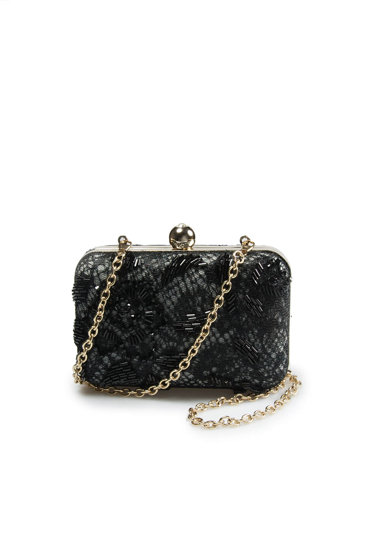 Beaded Lace Box Clutch in Black / Marble