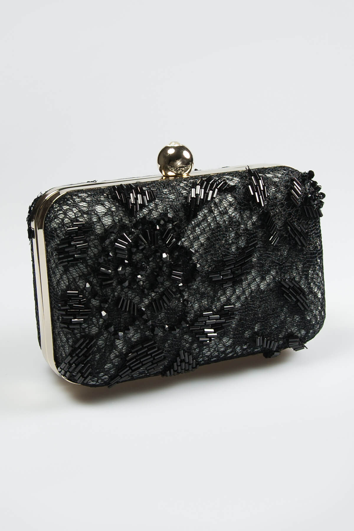 Beaded Lace Box Clutch in Black / Marble