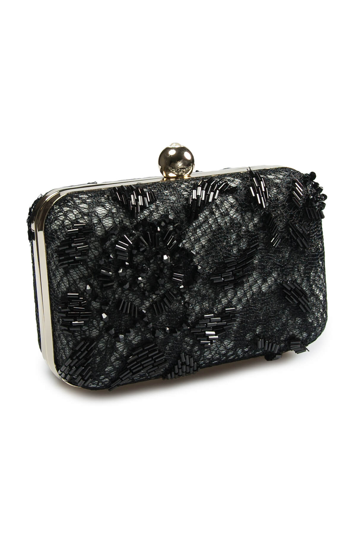Beaded Lace Box Clutch in Black / Marble