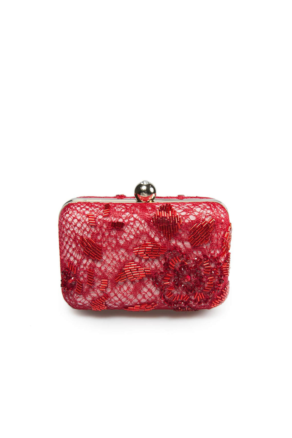 Beaded Lace Box Clutch in Carmine