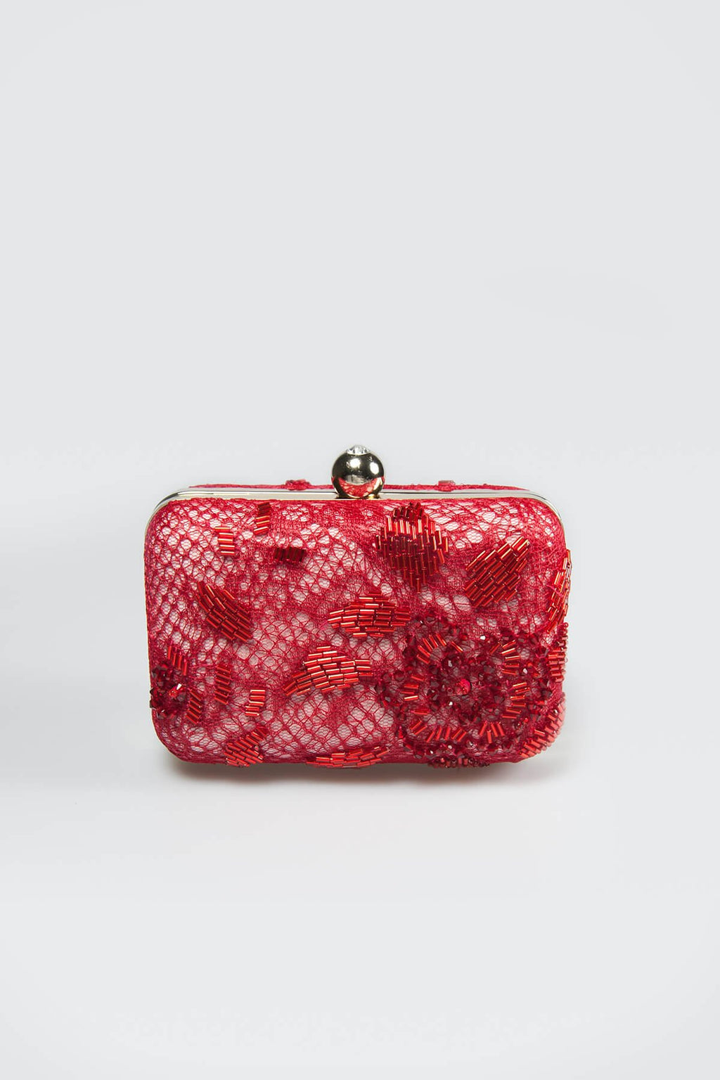 Beaded Lace Box Clutch in Carmine
