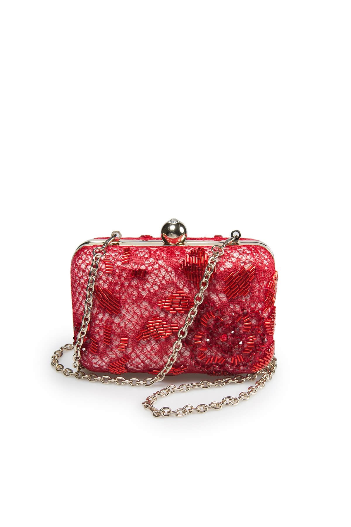Beaded Lace Box Clutch in Carmine