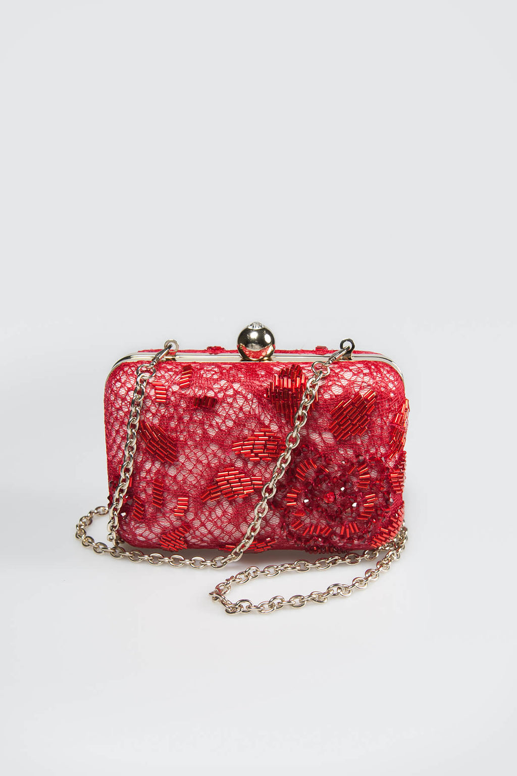 Beaded Lace Box Clutch in Carmine