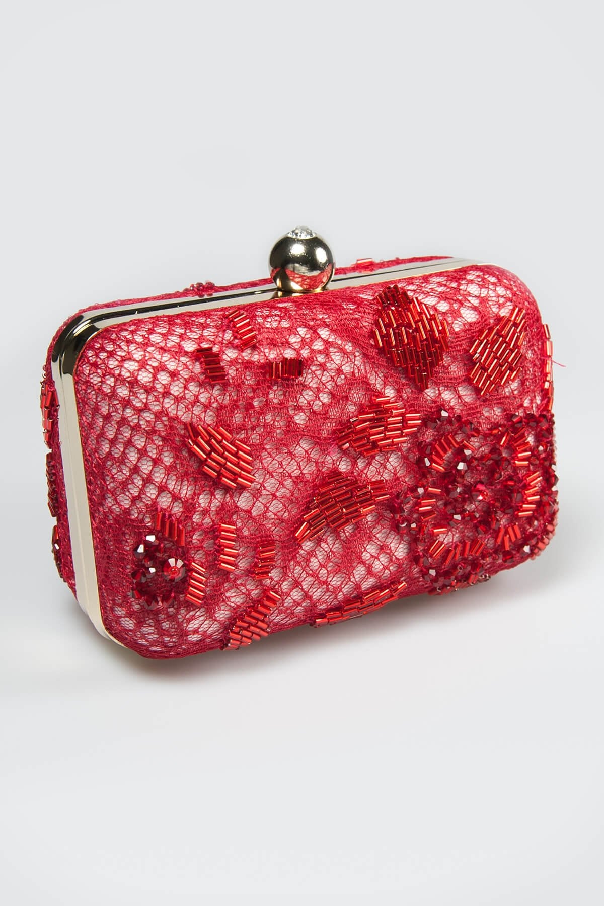 Beaded Lace Box Clutch in Carmine