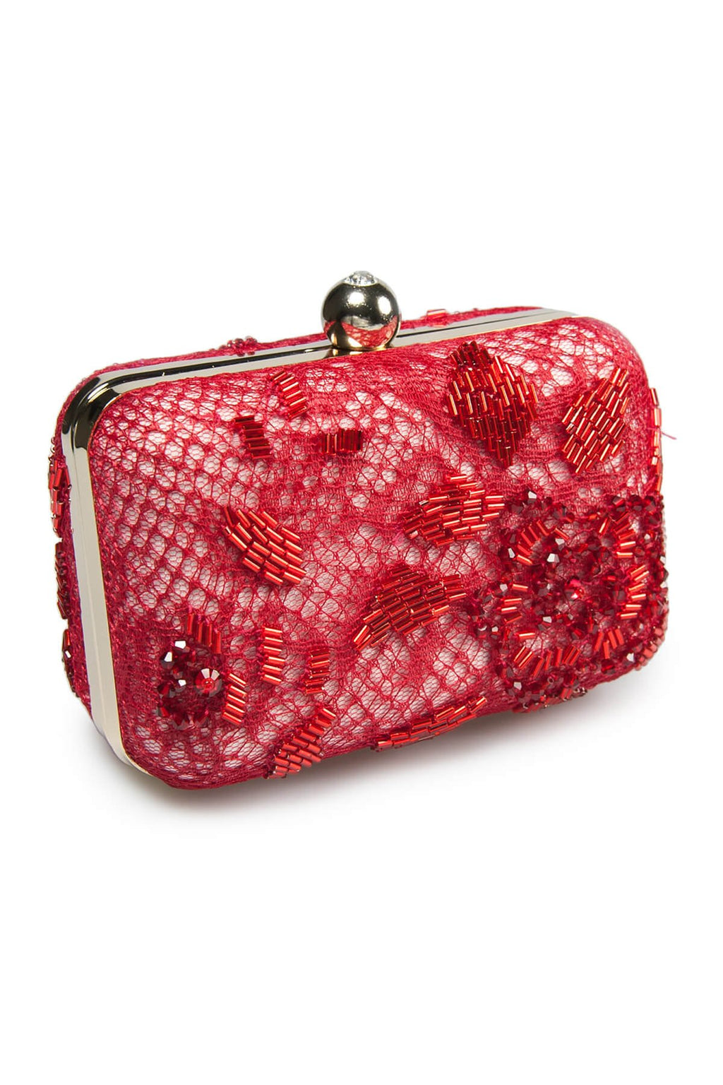 Beaded Lace Box Clutch in Carmine