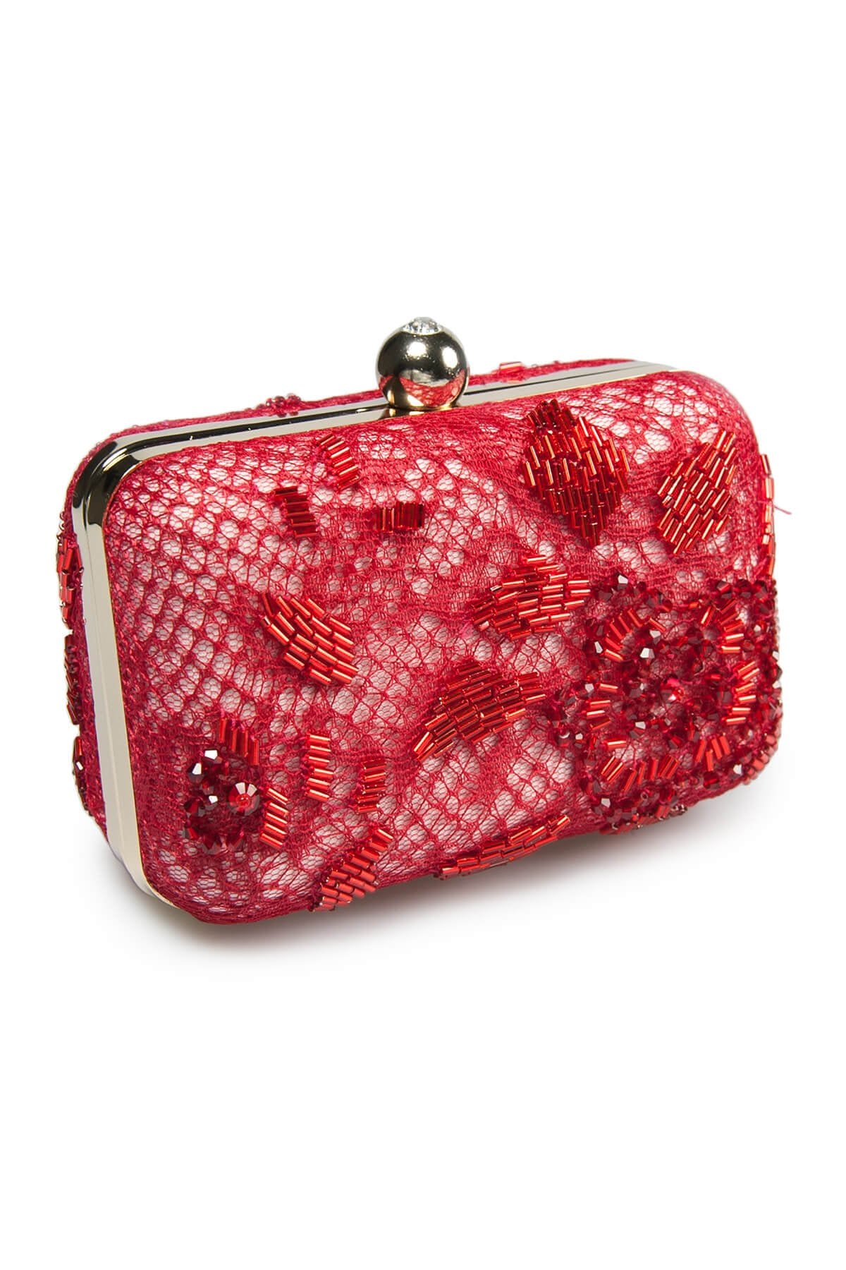 Beaded Lace Box Clutch in Carmine