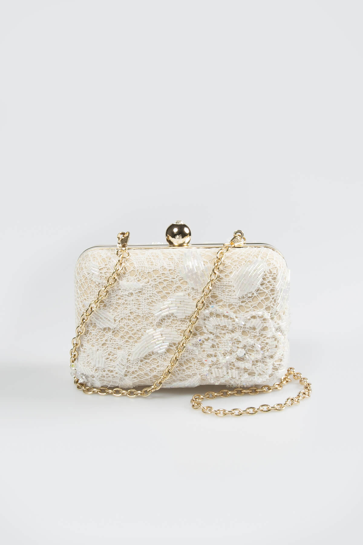 Beaded Lace Box Clutch in Ivory