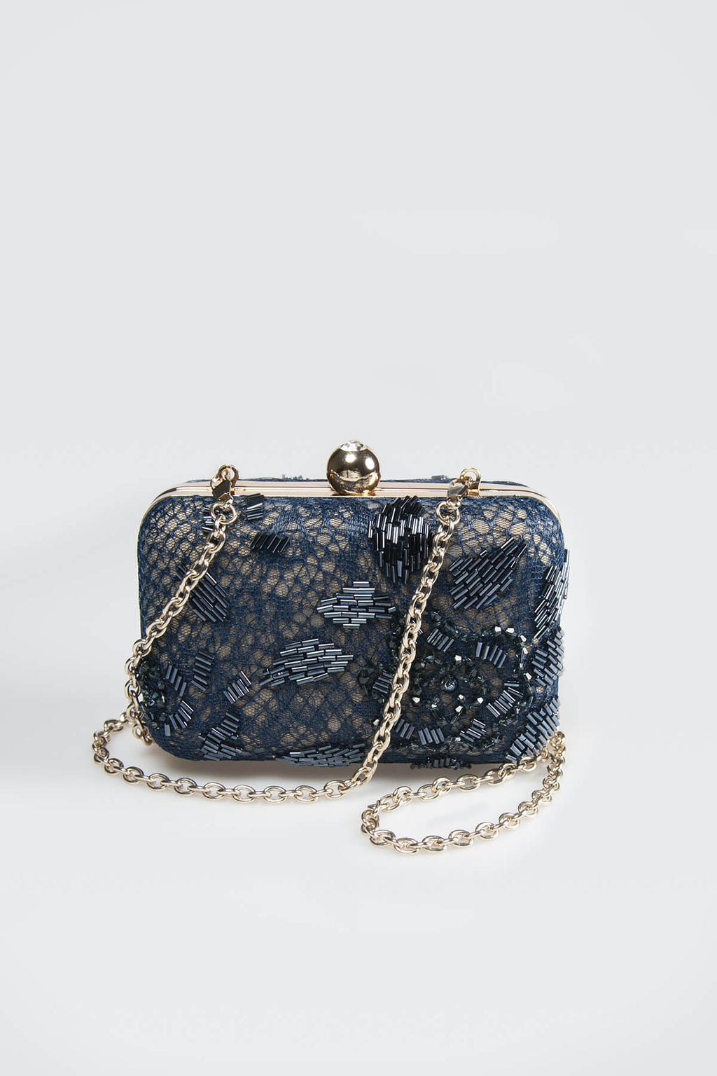 Beaded Lace Box Clutch in Dusty Navy