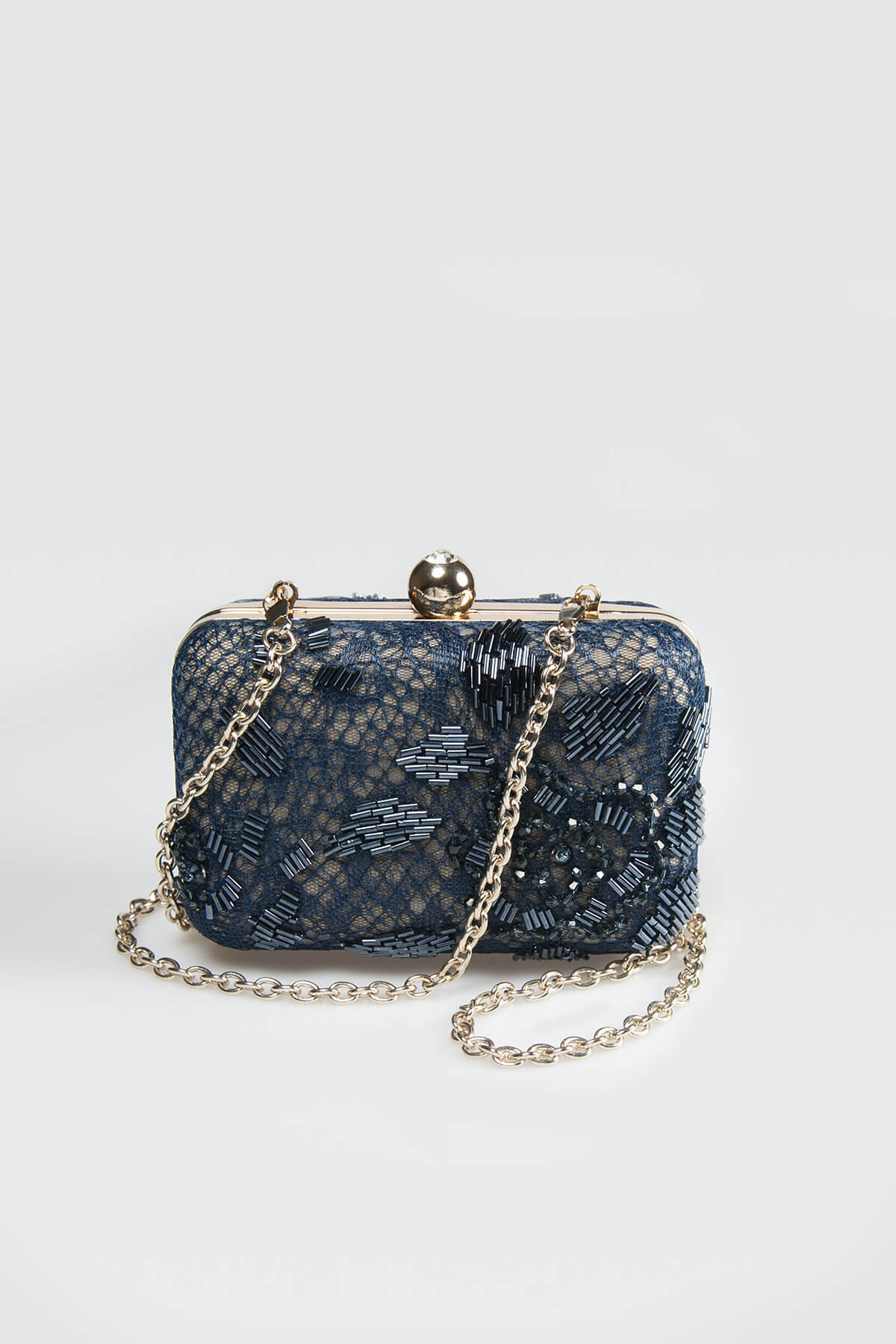 Beaded Lace Box Clutch in Dusty Navy