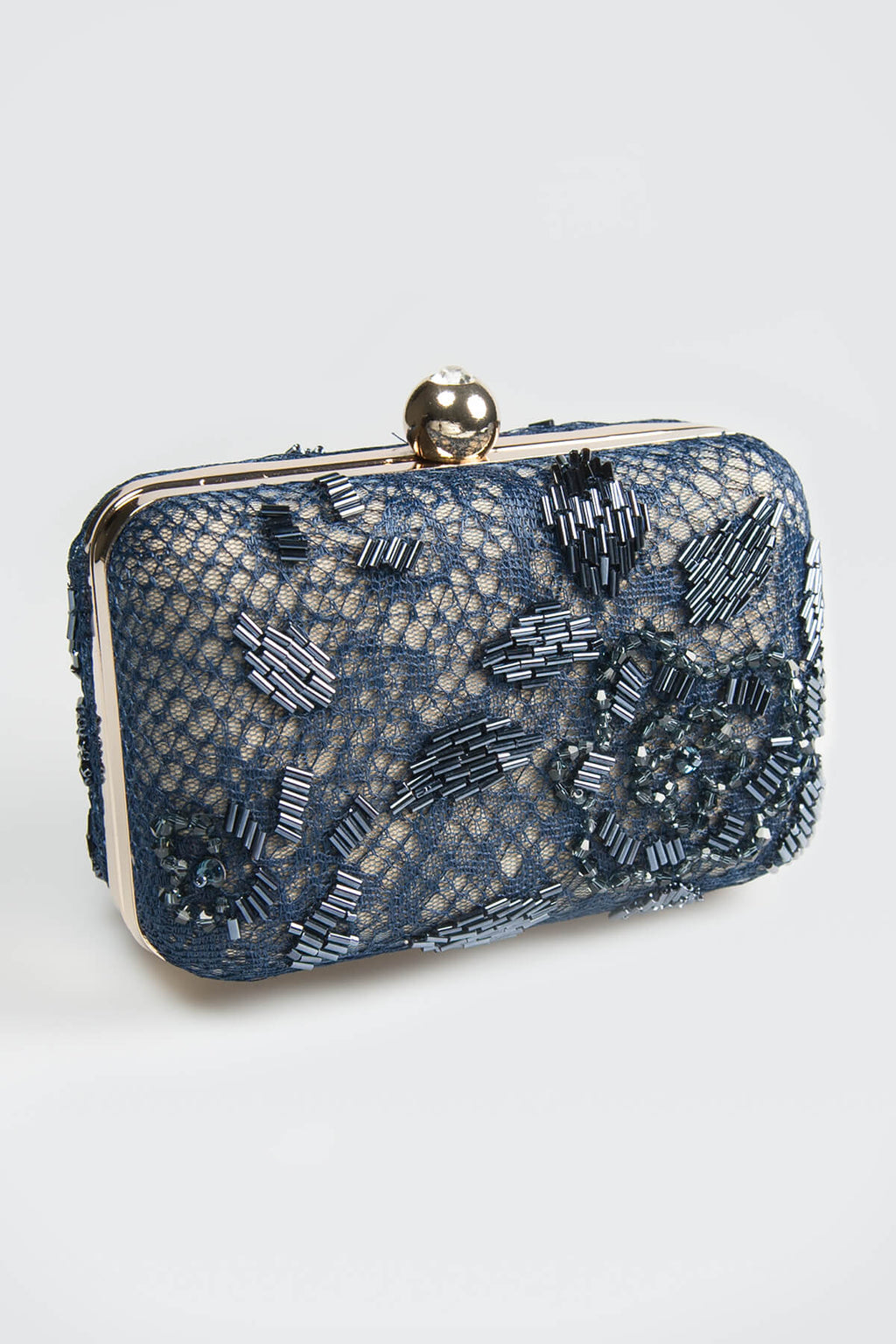 Beaded Lace Box Clutch in Dusty Navy