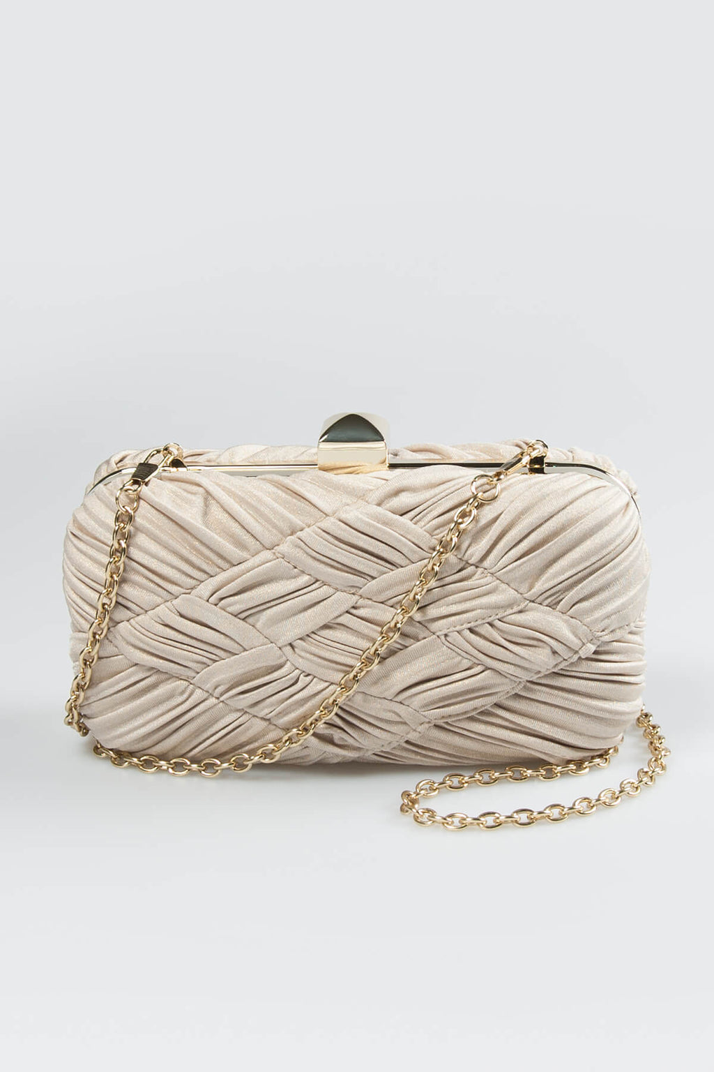 Woven Metallic Box Clutch in Natural