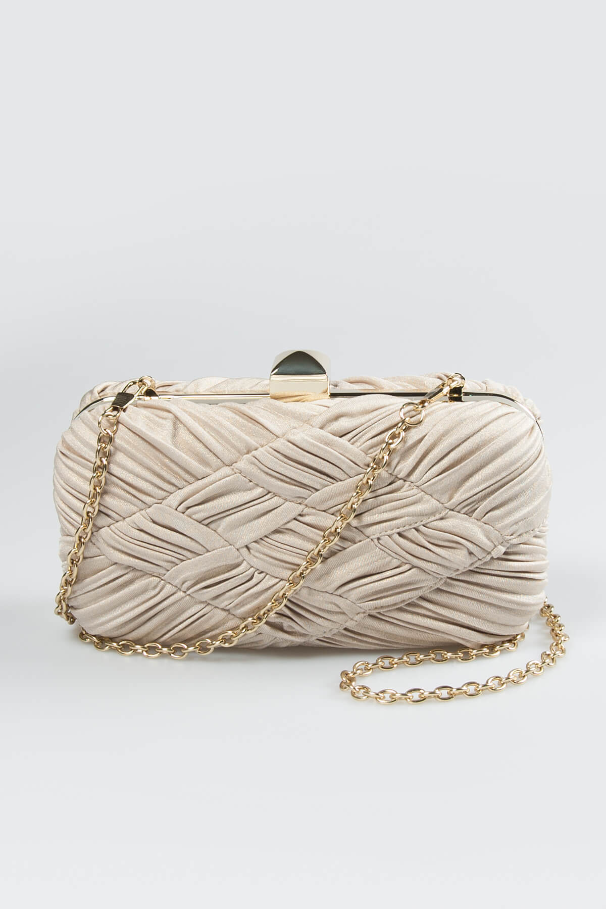 Woven Metallic Box Clutch in Natural