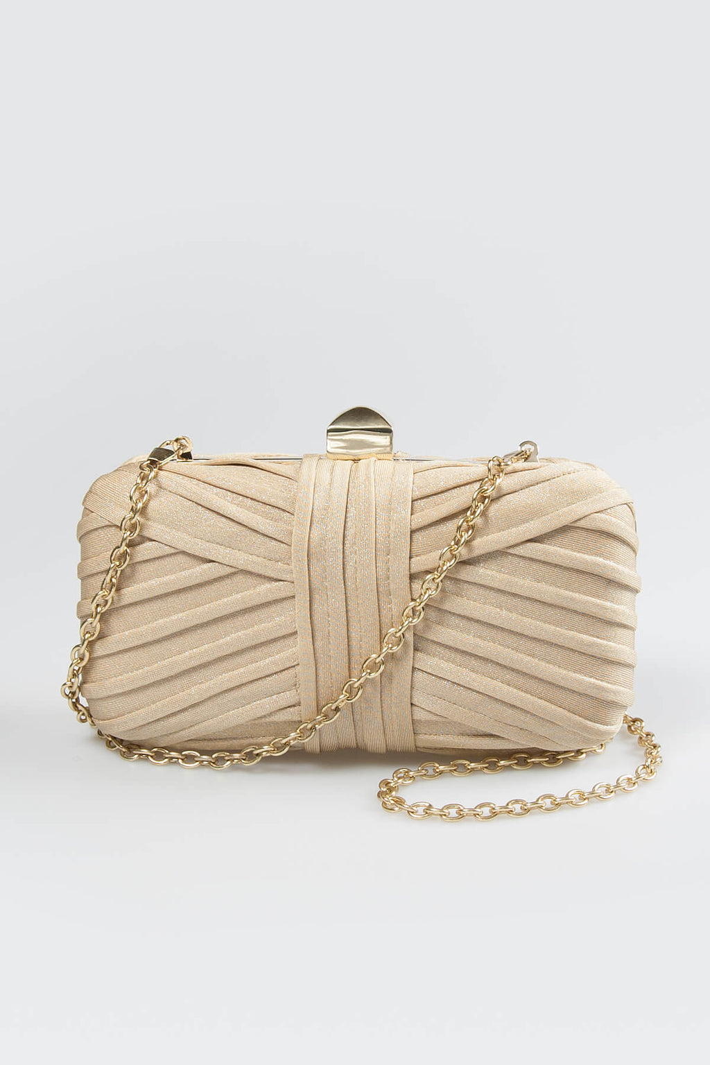 Metallic Pintuck Box Clutch in Champagne