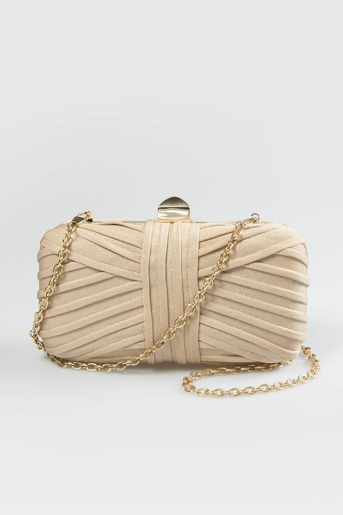 Metallic Pintuck Box Clutch in Champagne