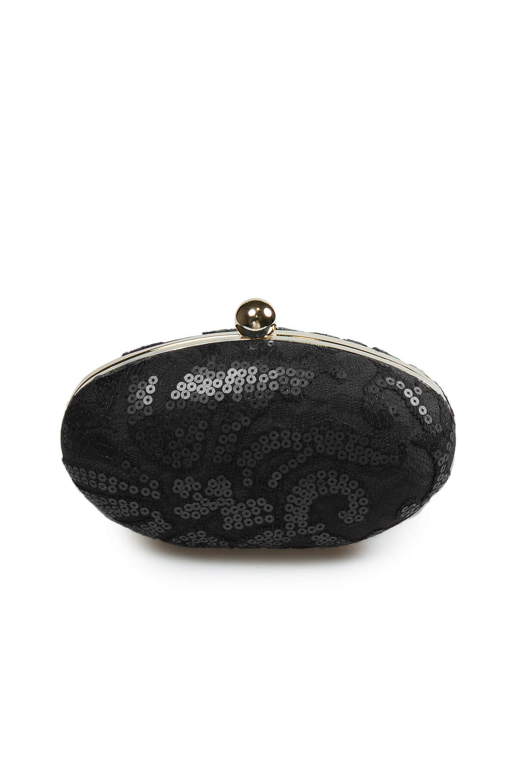 Paillette Embroidered Lace Oval Clutch in Black