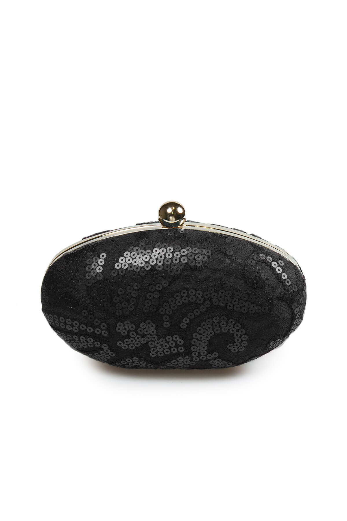 Paillette Embroidered Lace Oval Clutch in Black