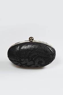 Paillette Embroidered Lace Oval Clutch in Black