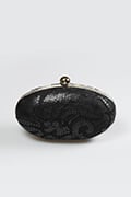 Paillette Embroidered Lace Oval Clutch in Black
