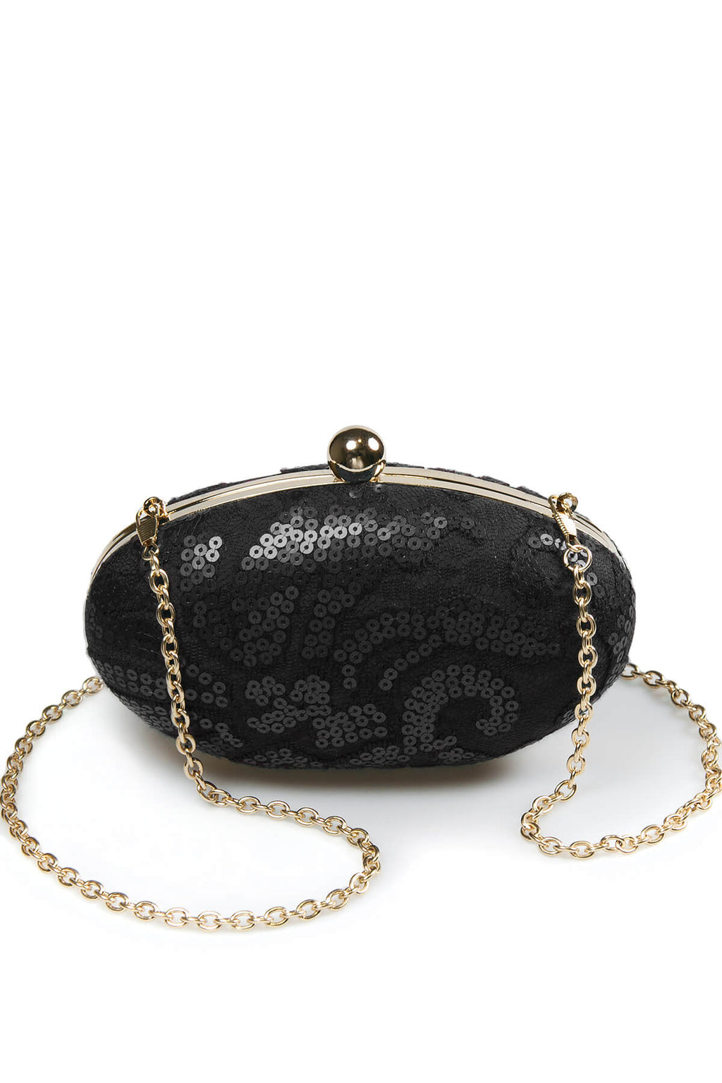 Paillette Embroidered Lace Oval Clutch in Black