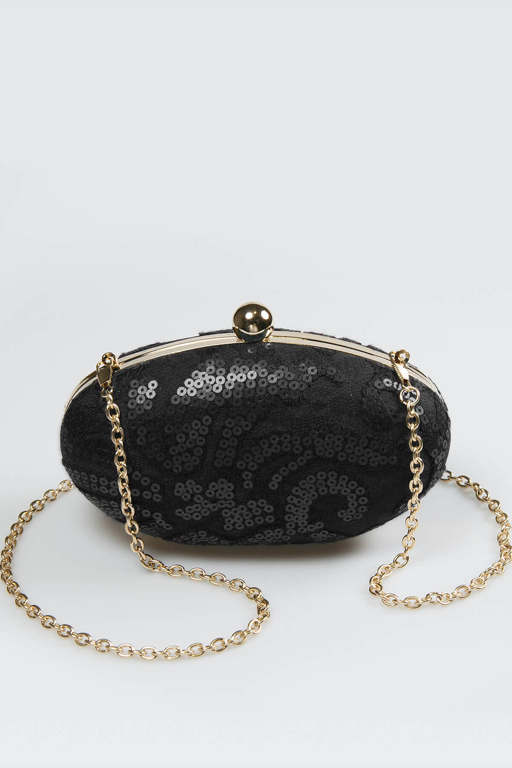 Paillette Embroidered Lace Oval Clutch in Black