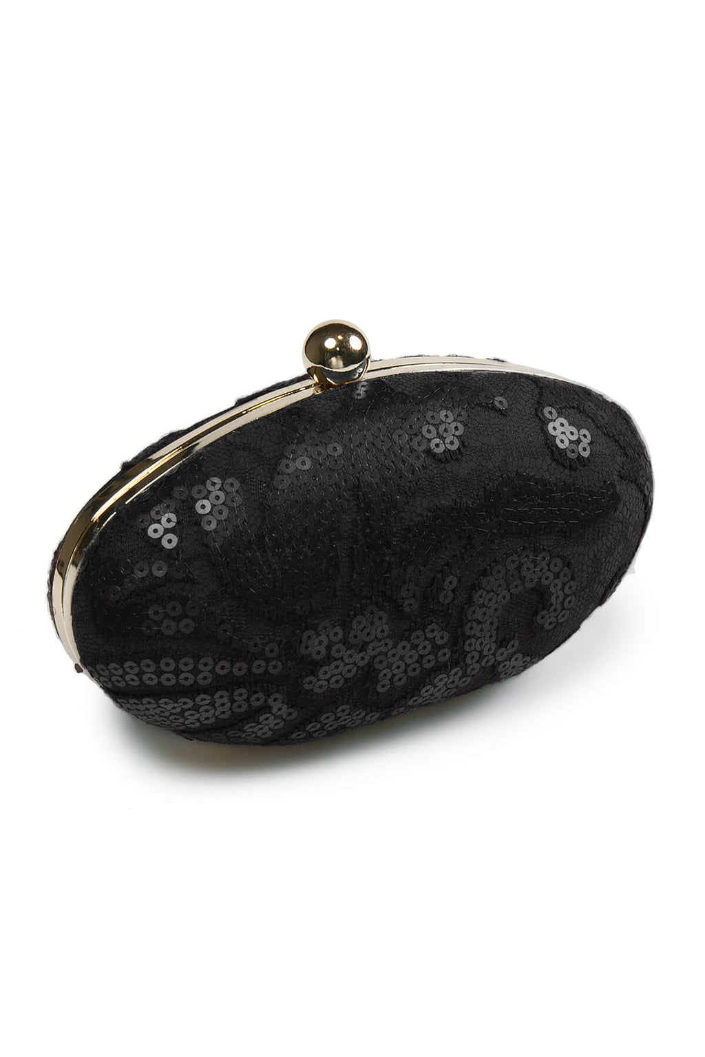 Paillette Embroidered Lace Oval Clutch in Black