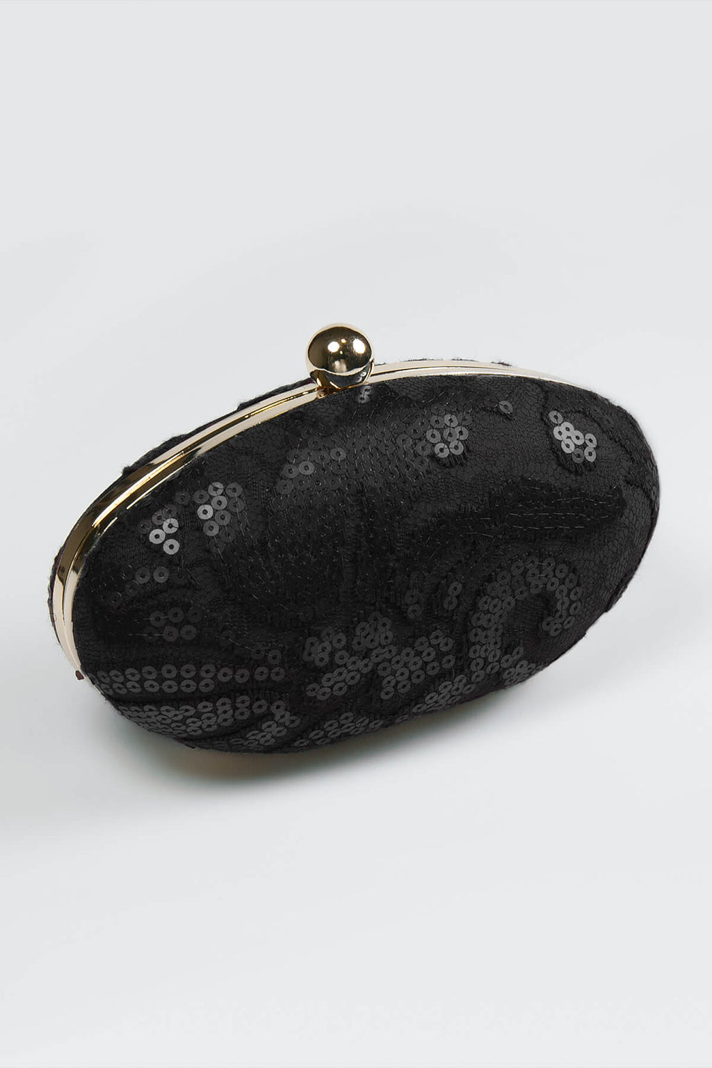 Paillette Embroidered Lace Oval Clutch in Black