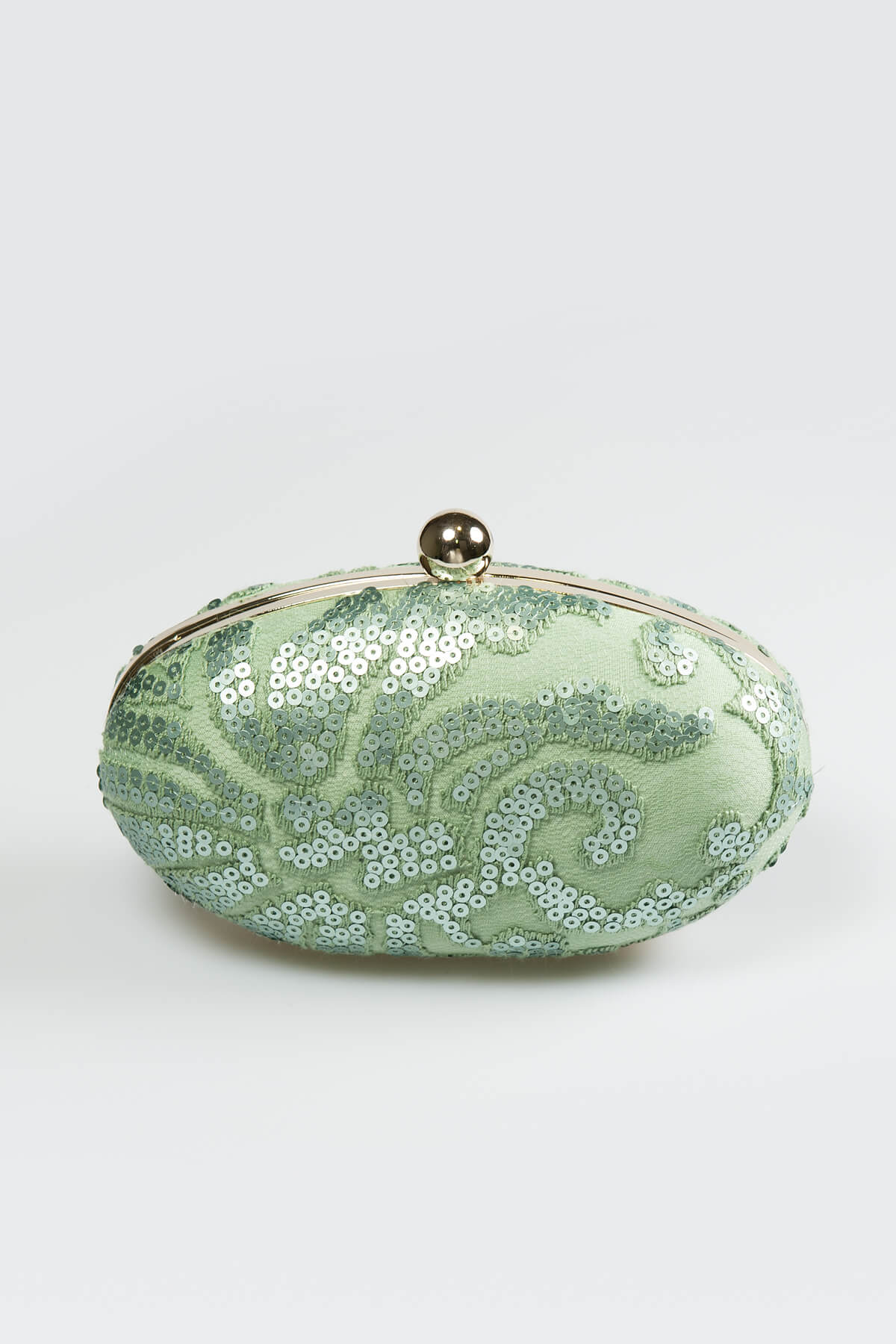 Paillette Embroidered Lace Oval Clutch in Celadon