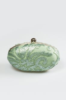 Paillette Embroidered Lace Oval Clutch in Celadon