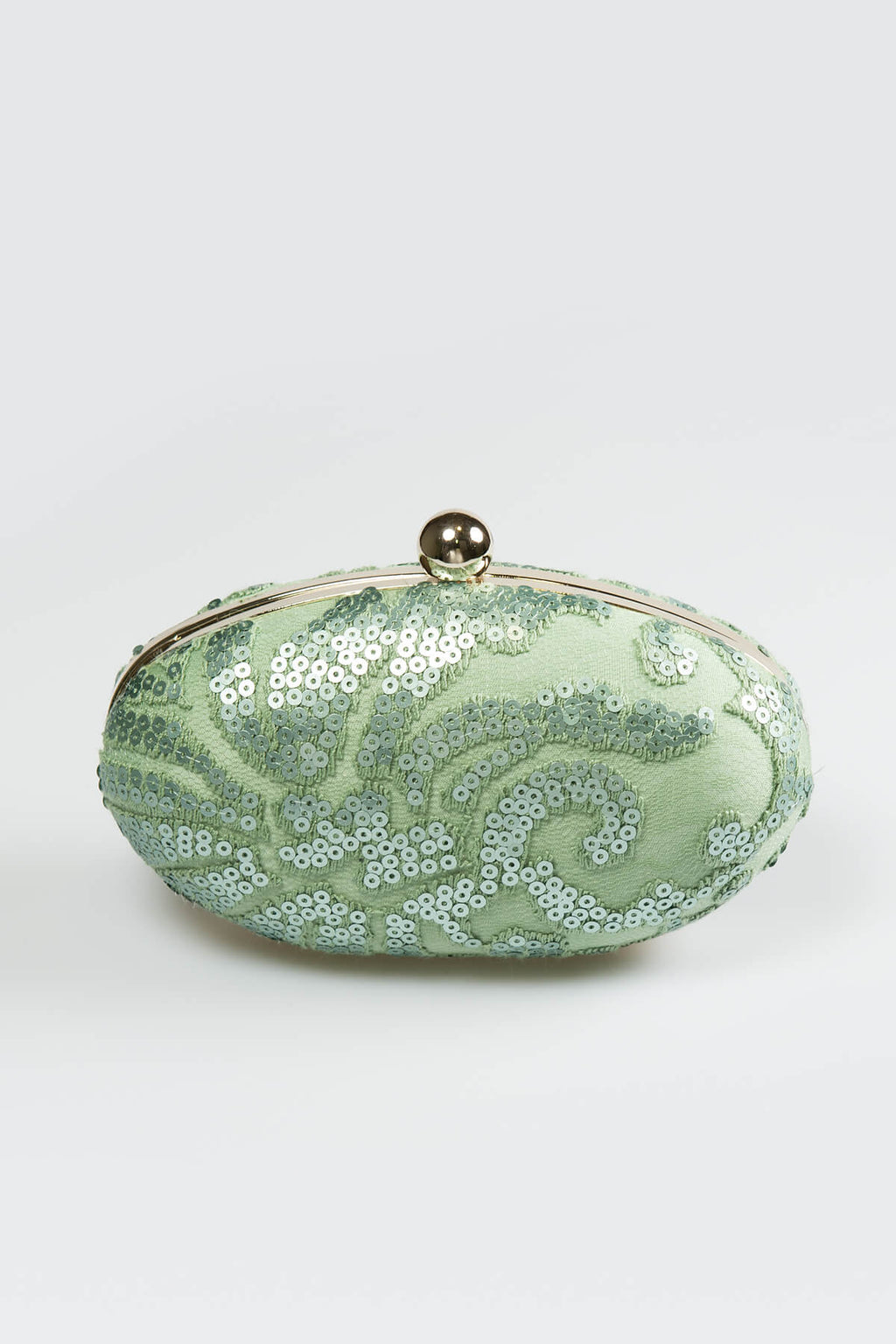 Paillette Embroidered Lace Oval Clutch in Celadon