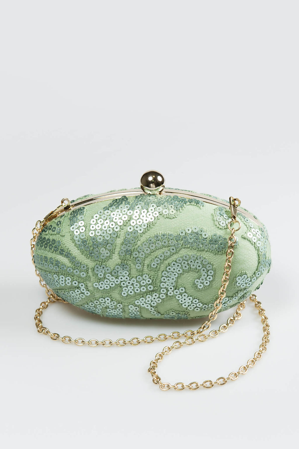 Paillette Embroidered Lace Oval Clutch in Celadon