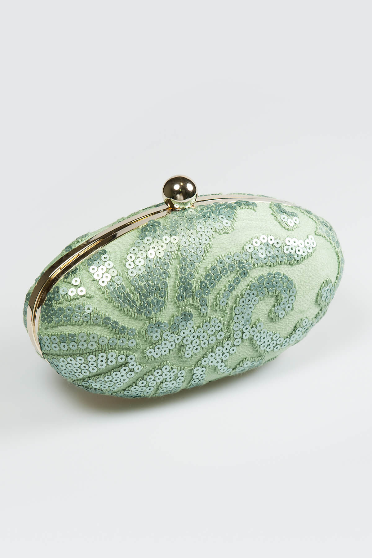 Paillette Embroidered Lace Oval Clutch in Celadon