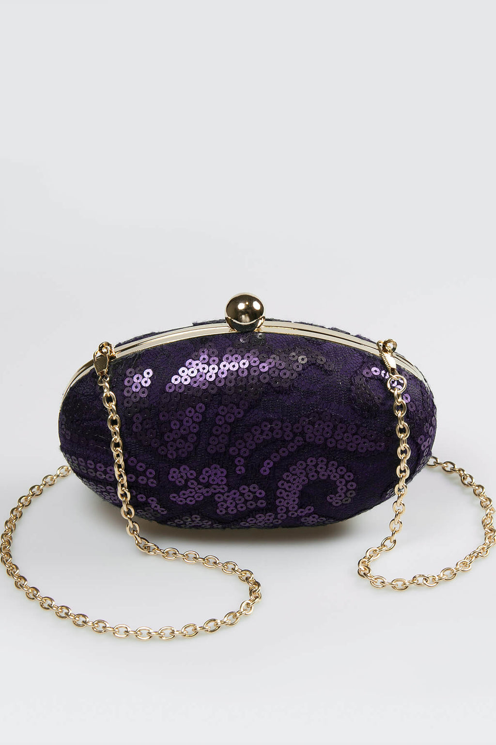 Paillette Embroidered Lace Oval Clutch in Deep Amethyst