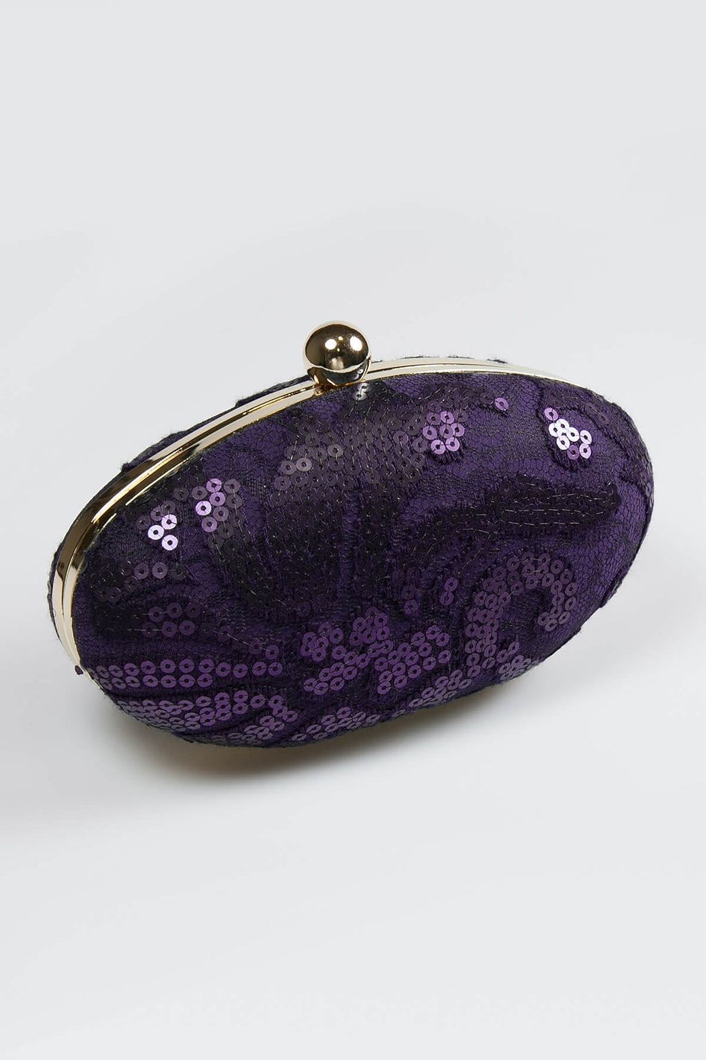 Paillette Embroidered Lace Oval Clutch in Deep Amethyst