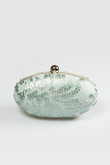 Paillette Embroidered Lace Oval Clutch in Ice
