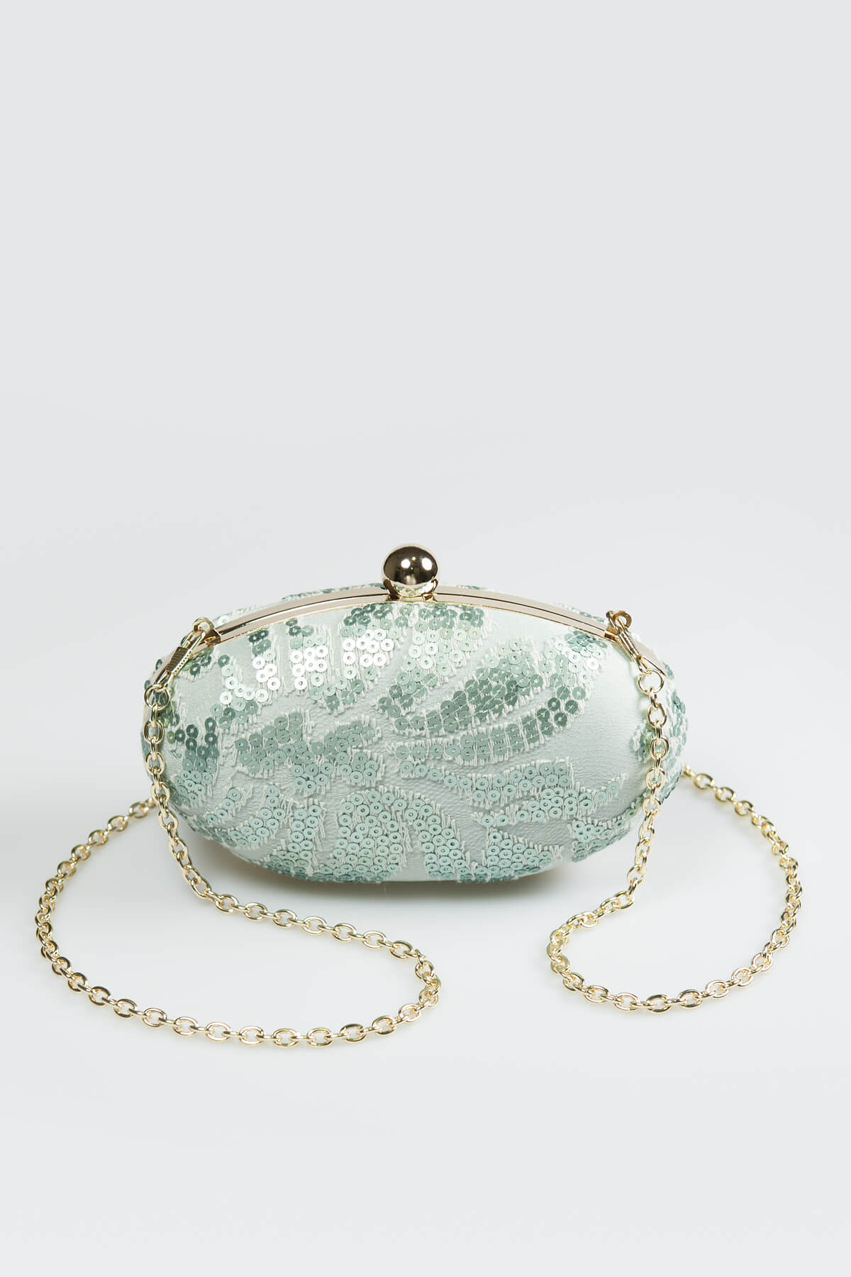 Paillette Embroidered Lace Oval Clutch in Ice