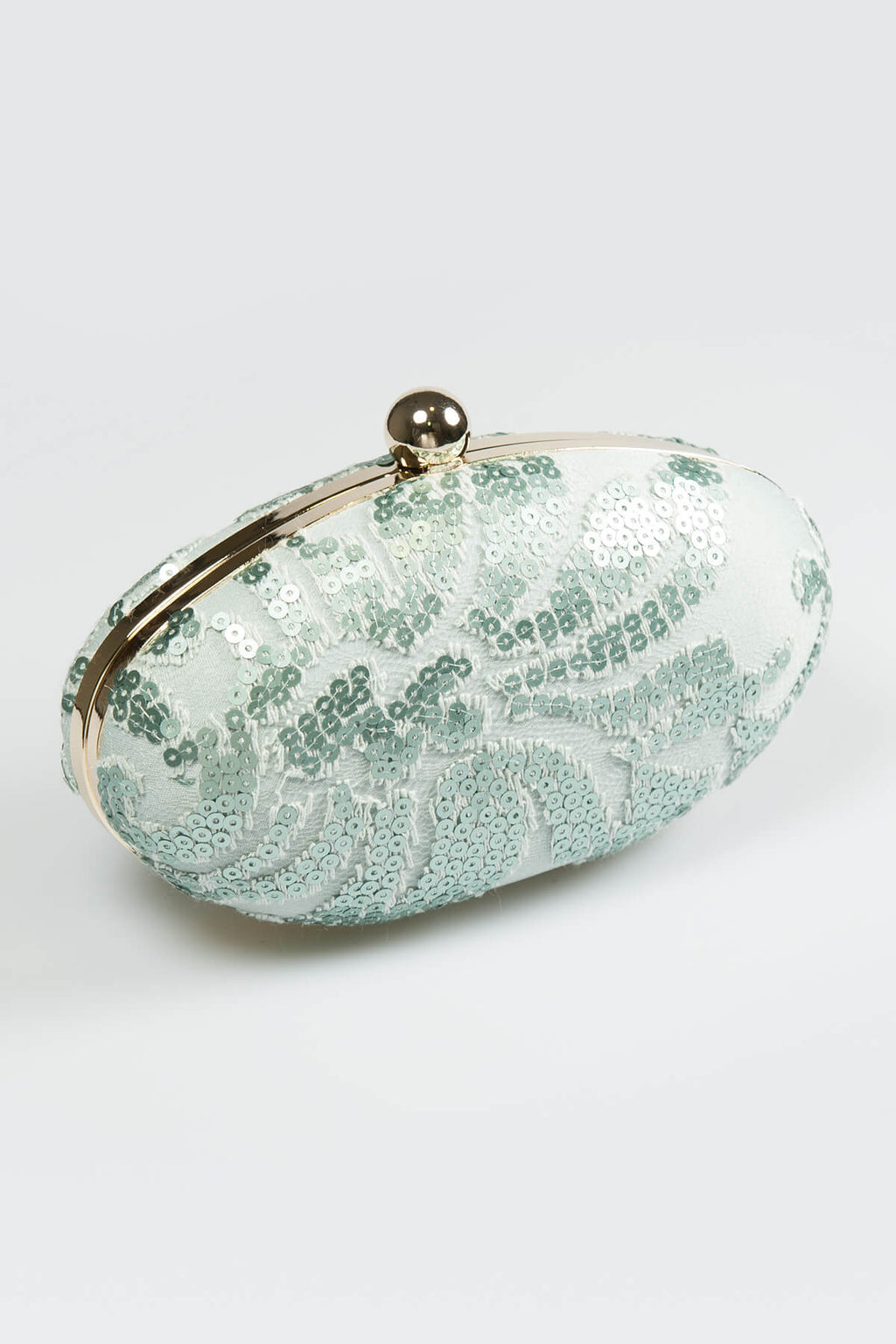 Paillette Embroidered Lace Oval Clutch in Ice
