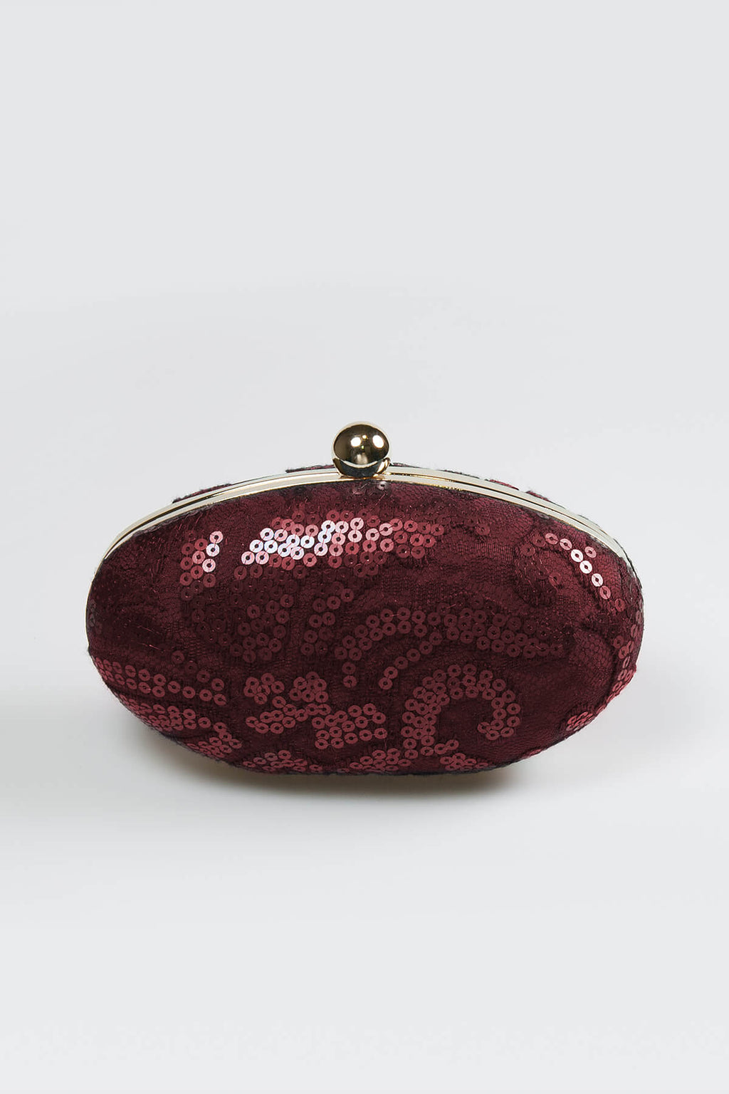 Paillette Embroidered Lace Oval Clutch in Merlot