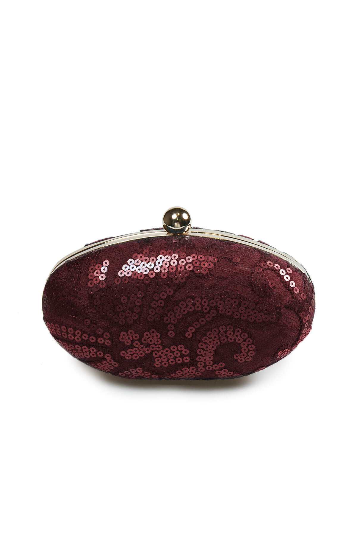 Paillette Embroidered Lace Oval Clutch in Merlot