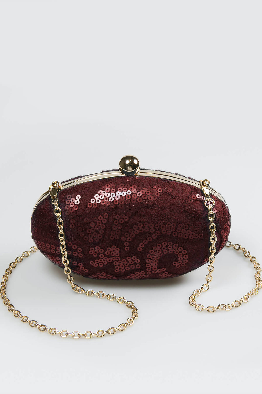 Paillette Embroidered Lace Oval Clutch in Merlot